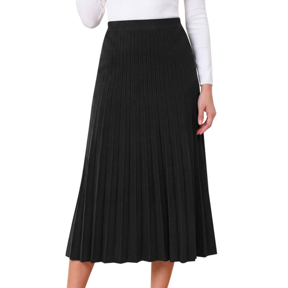 Women's Pleated Knit Skirt A Line Sweater Midi Skirts Black